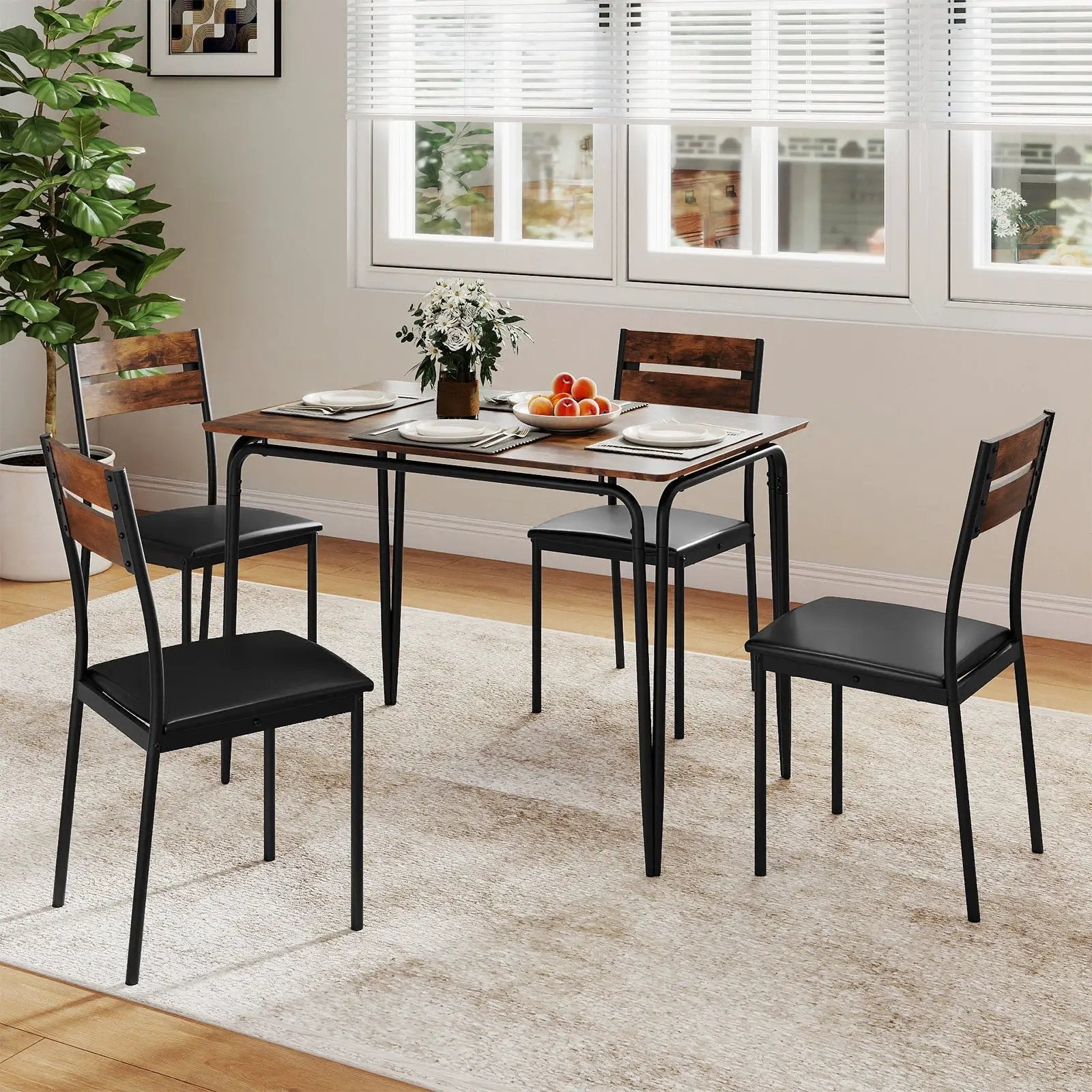 5-Piece Dining Table Set Industrial Rectangular Kitchen Table and 4 Armless Chairs-Rustic Brown by DirectDeals