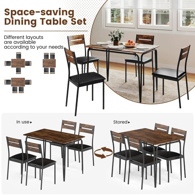 5-Piece Dining Table Set Industrial Rectangular Kitchen Table and 4 Armless Chairs-Rustic Brown by DirectDeals