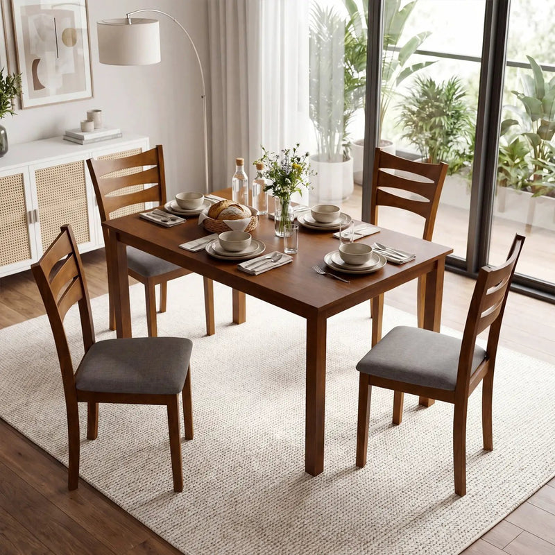 5-Piece Dining Table Set with Linen Fabric Upholstered Chairs and Solid Rubber Wood Frame for 4 People by DirectDeals