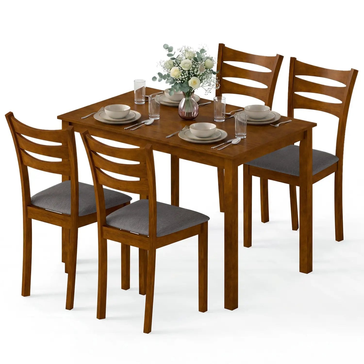 5-Piece Dining Table Set with Linen Fabric Upholstered Chairs and Solid Rubber Wood Frame for 4 People by DirectDeals