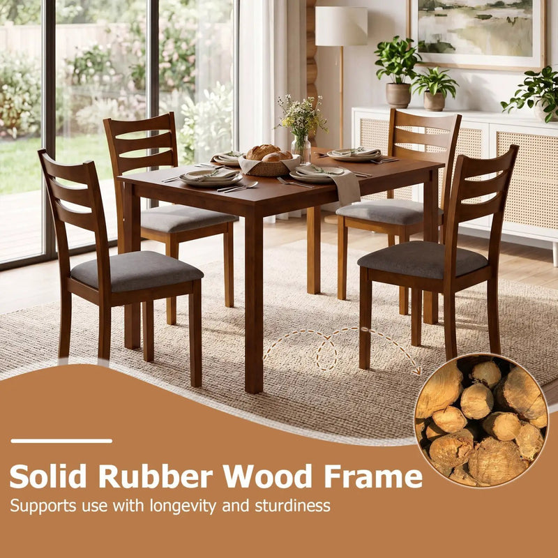 5-Piece Dining Table Set with Linen Fabric Upholstered Chairs and Solid Rubber Wood Frame for 4 People by DirectDeals