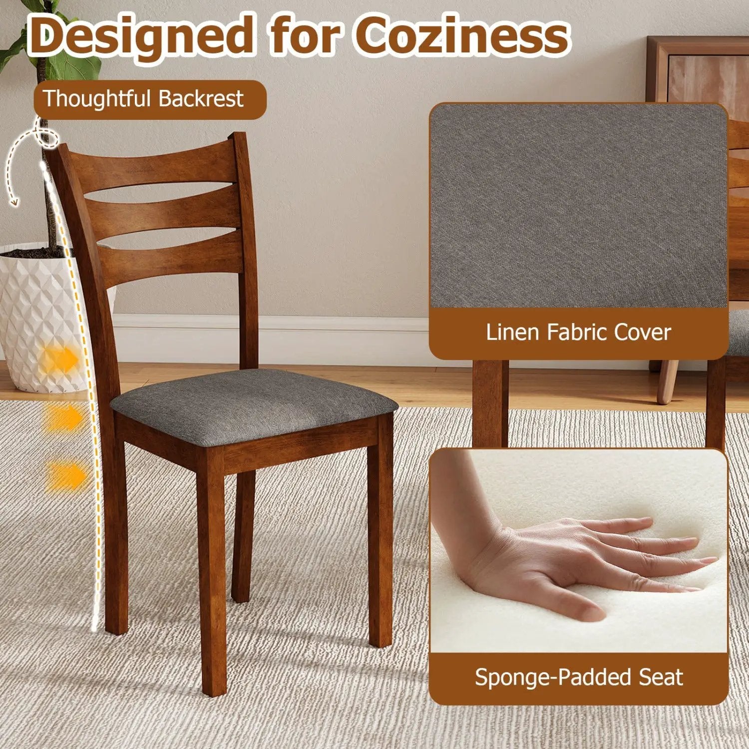 5-Piece Dining Table Set with Linen Fabric Upholstered Chairs and Solid Rubber Wood Frame for 4 People by DirectDeals