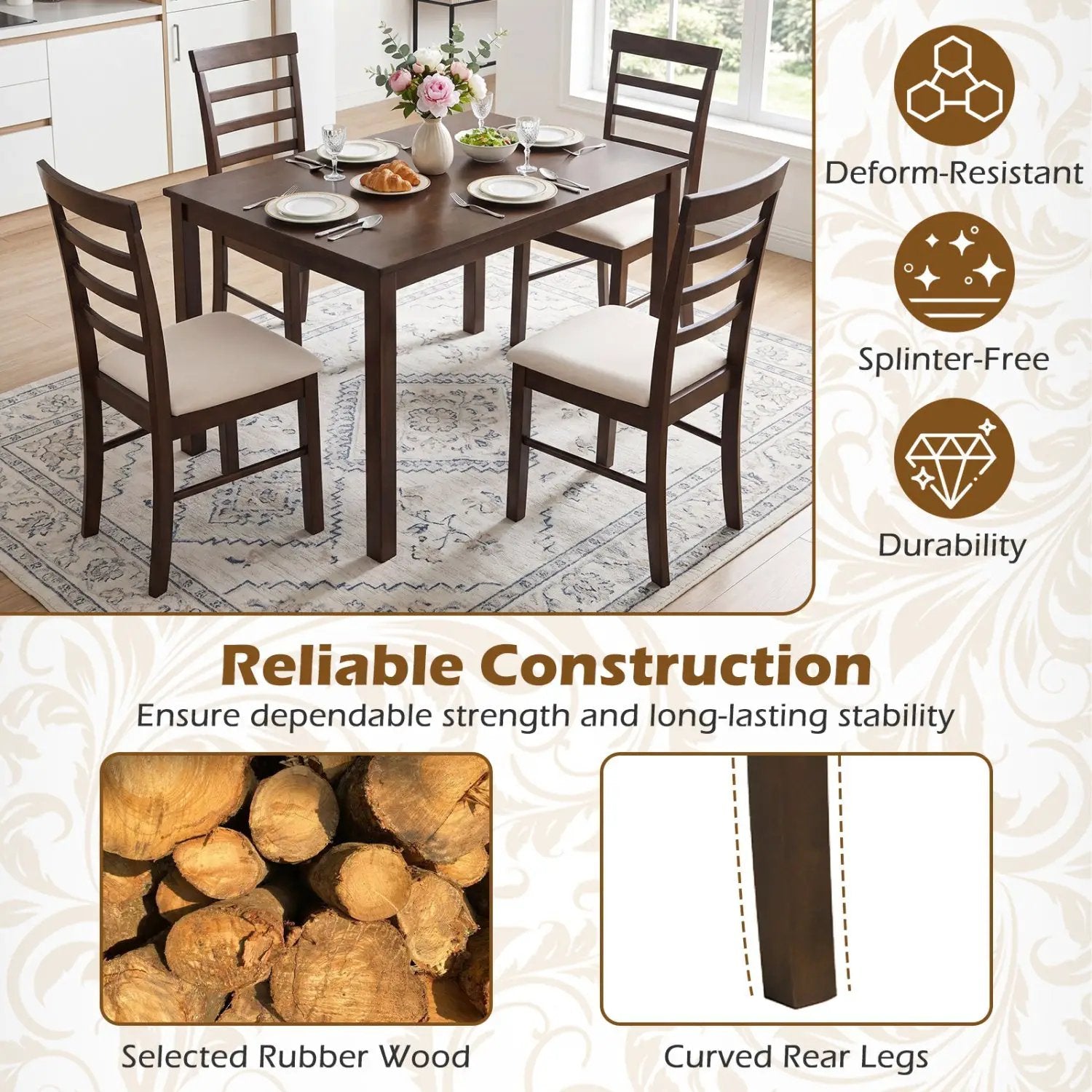 5-Piece Dining Table Set for 4 with Upholstered Chairs by DirectDeals