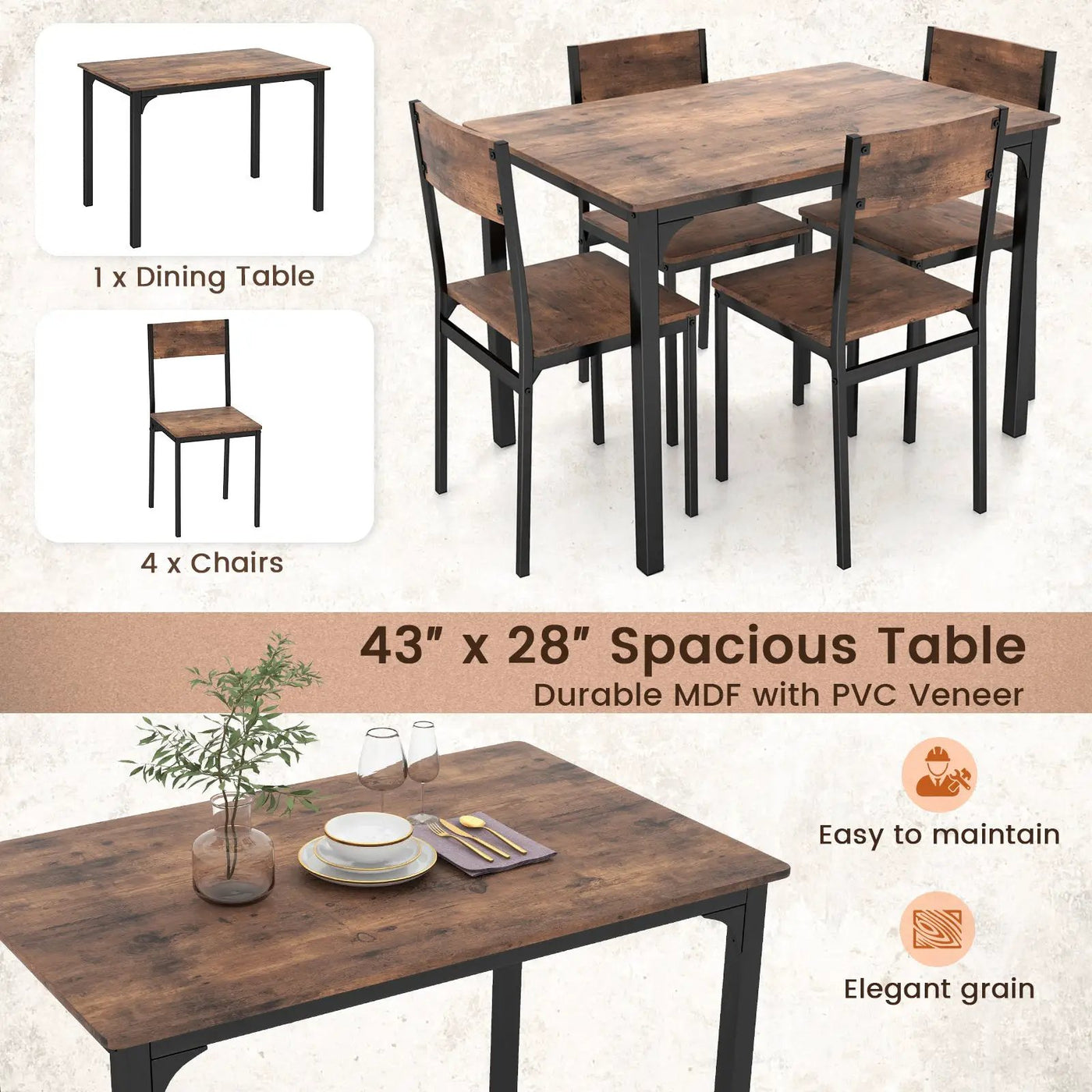 5 Piece Dining Table Set Industrial Style Kitchen Table and Chairs for 4 by DirectDeals