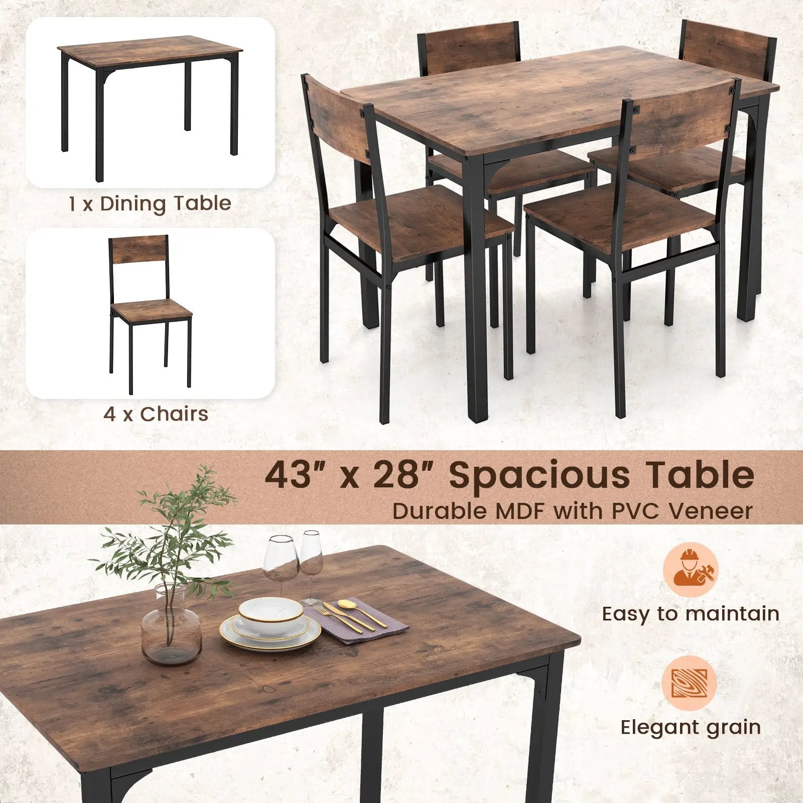 5 Piece Dining Table Set Industrial Style Kitchen Table and Chairs for 4 by DirectDeals