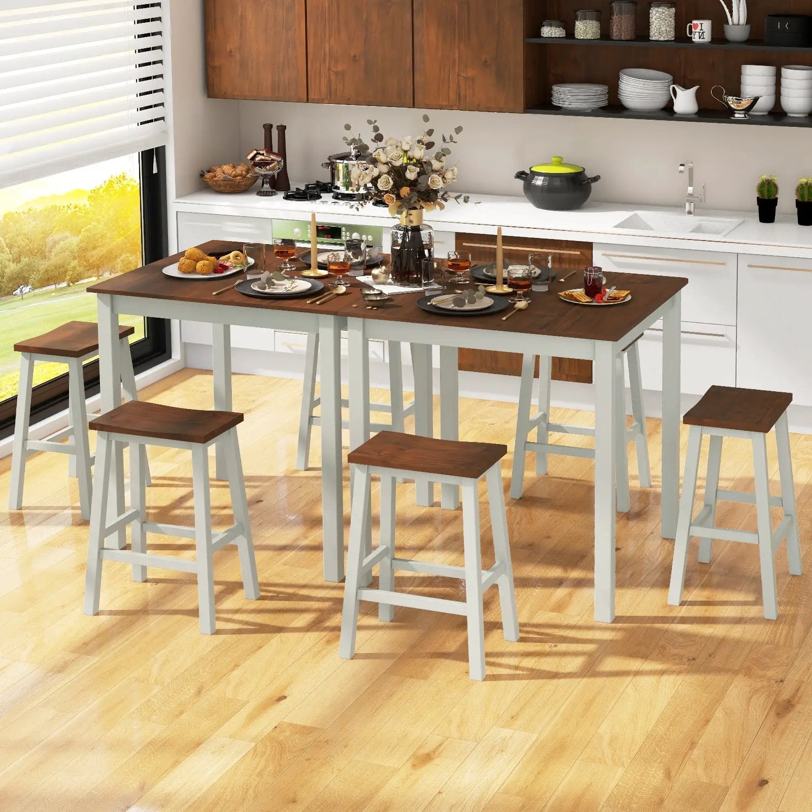5 Piece Dining Table Set with 4 Saddle Stools for Kitchen Dining Room Apartment-Ash Gray by DirectDeals