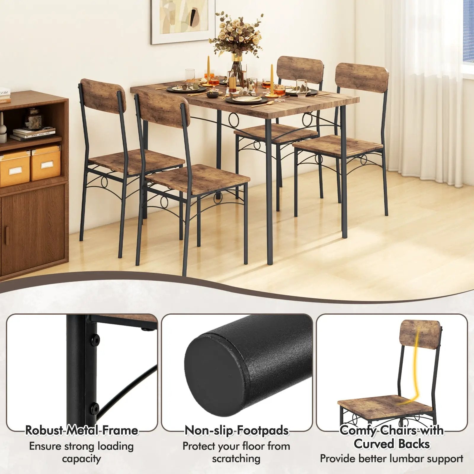 5-Piece Industrial Dining Table Set for 4 for Small Place Apartment-Brown by DirectDeals