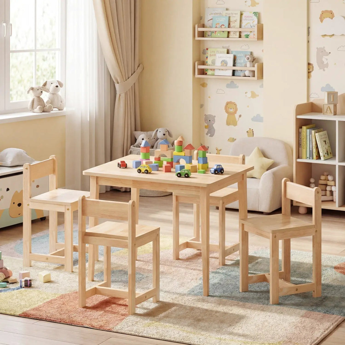 5-Piece Kids Table and Chairs Set Solid Rubber Wood Toddler Activity Table, photo 2 of 16