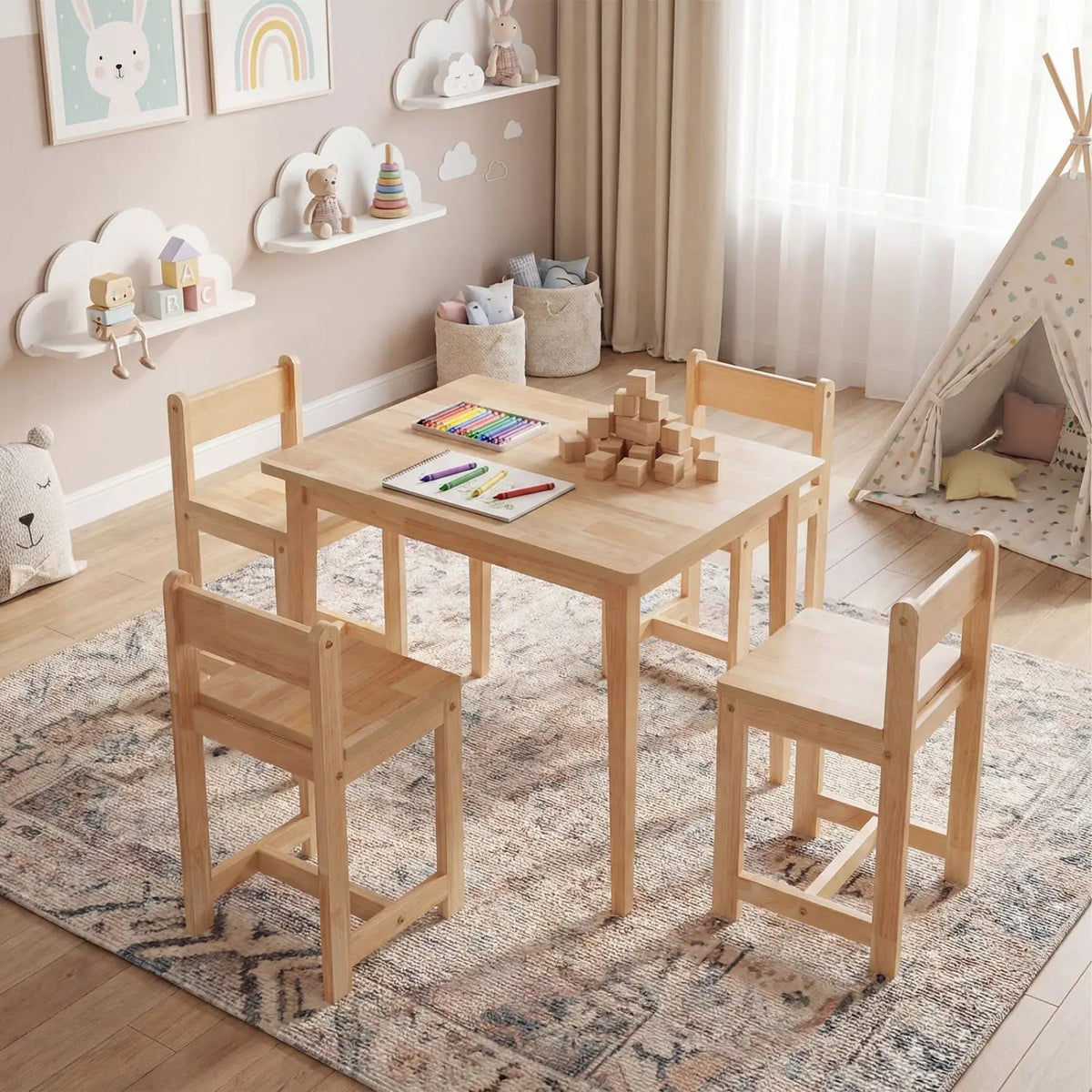 5-Piece Kids Table and Chairs Set Solid Rubber Wood Toddler Activity Table, photo 4 of 16