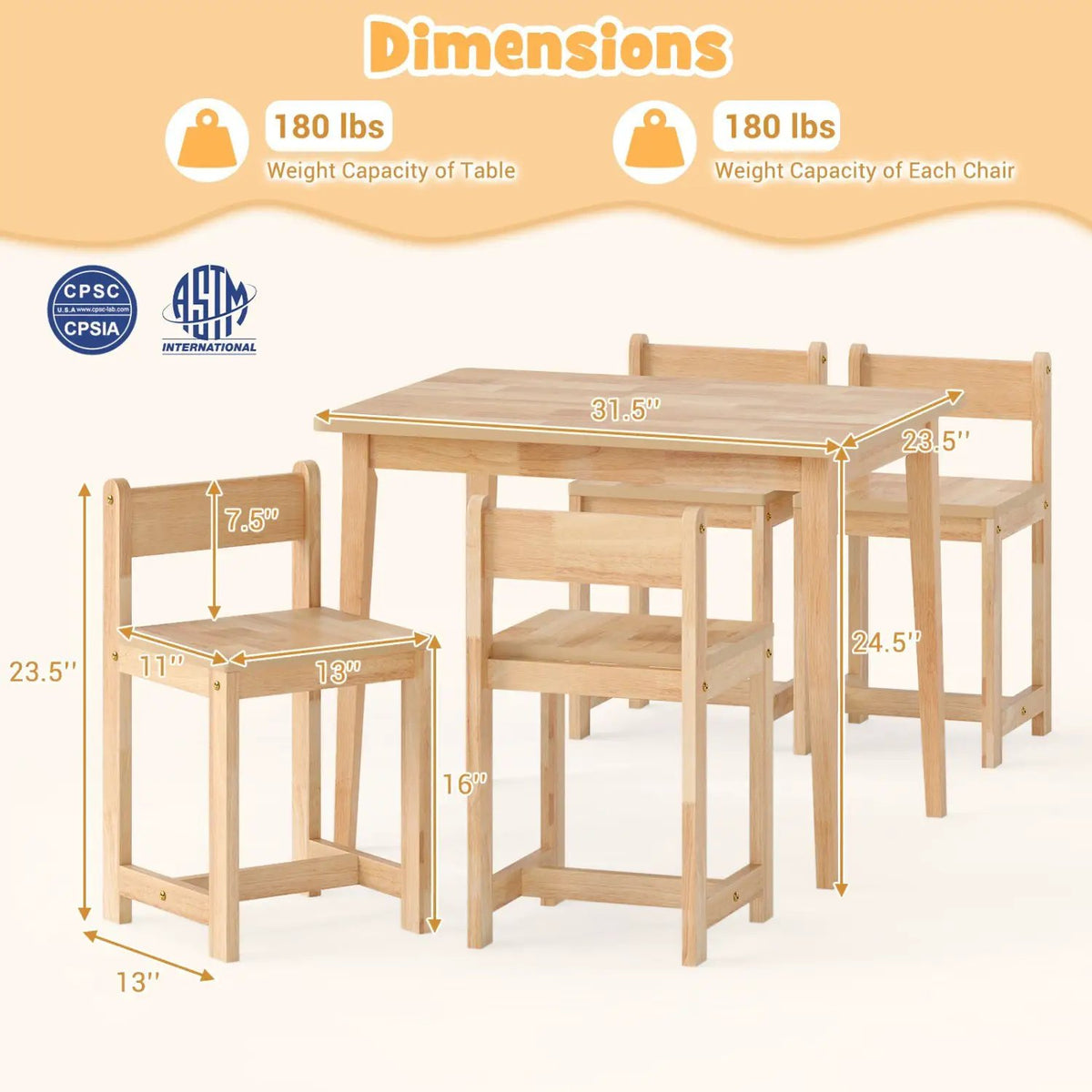 5-Piece Kids Table and Chairs Set Solid Rubber Wood Toddler Activity Table, photo 10 of 16