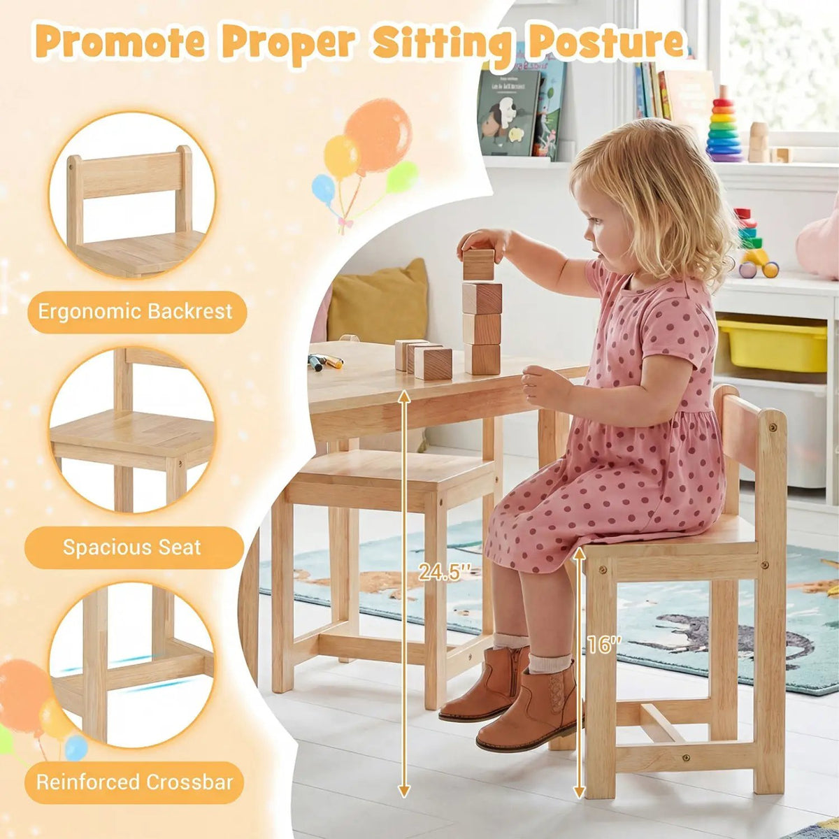 5-Piece Kids Table and Chairs Set Solid Rubber Wood Toddler Activity Table, photo 12 of 16