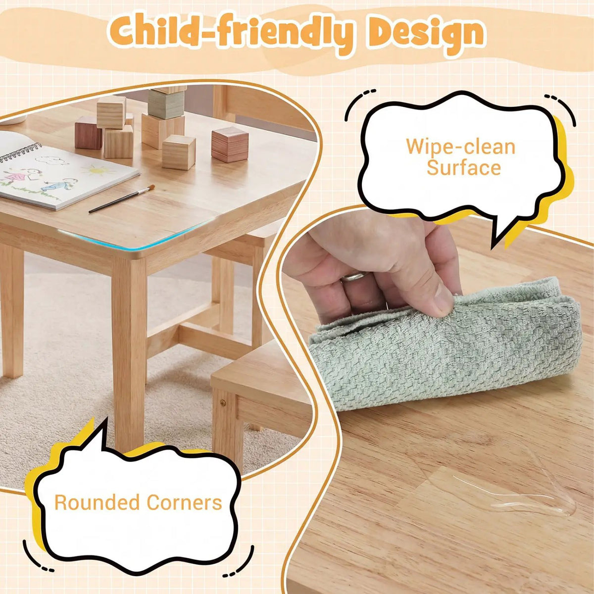 5-Piece Kids Table and Chairs Set Solid Rubber Wood Toddler Activity Table, photo 14 of 16