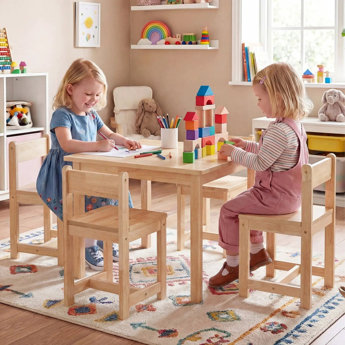 5-Piece Kids Table and Chairs Set Solid Rubber Wood Toddler Activity Table, photo 16 of 16