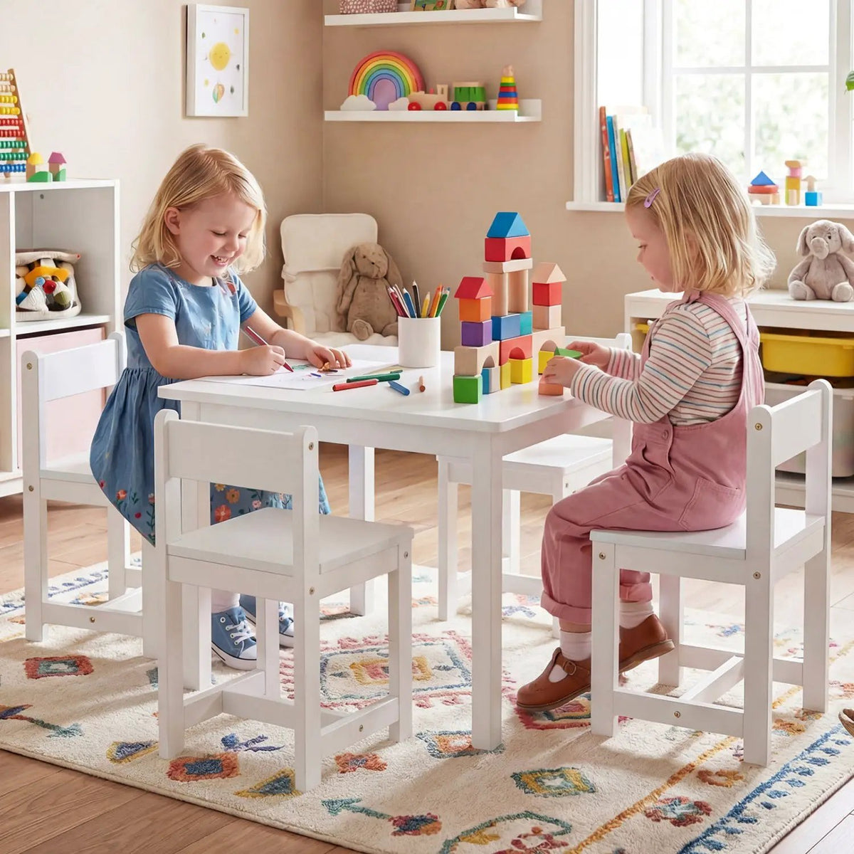 5-Piece Kids Table and Chairs Set Solid Rubber Wood Toddler Activity Table, photo 3 of 16
