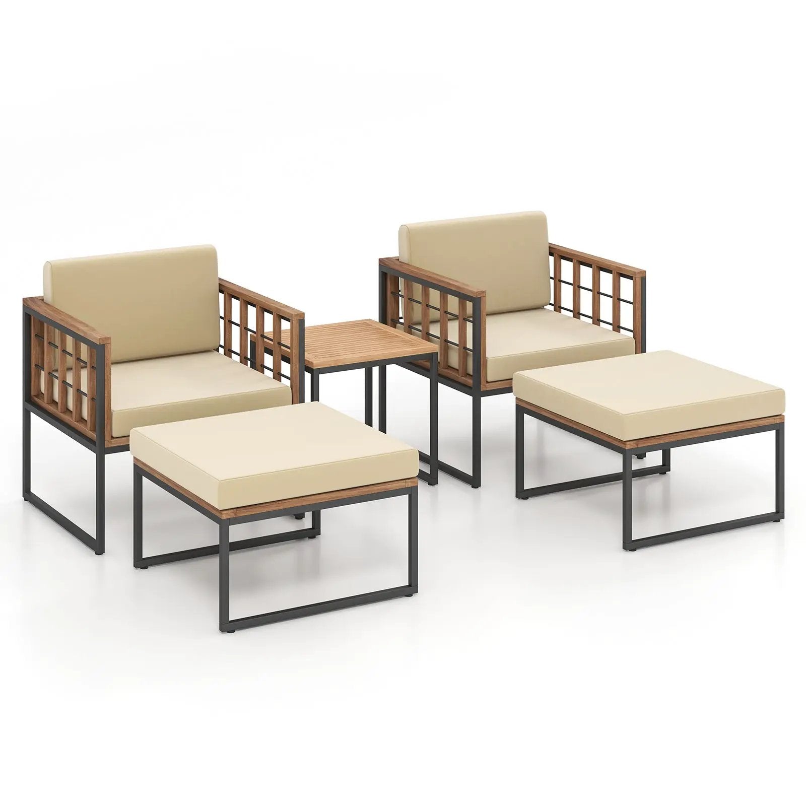 5 Piece Outdoor Furniture Set Acacia Wood Chair Set with Ottomans and Coffee Table-Beige by DirectDeals