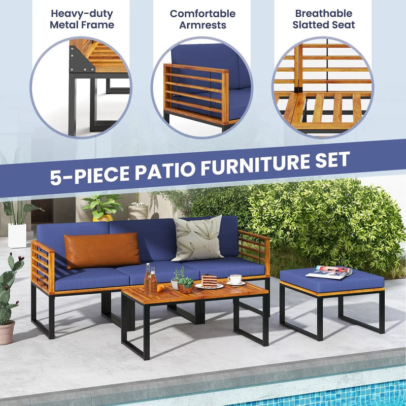 5-Piece Patio Acacia Wood Chair Set with Ottoman and Coffee Table-Navy by DirectDeals