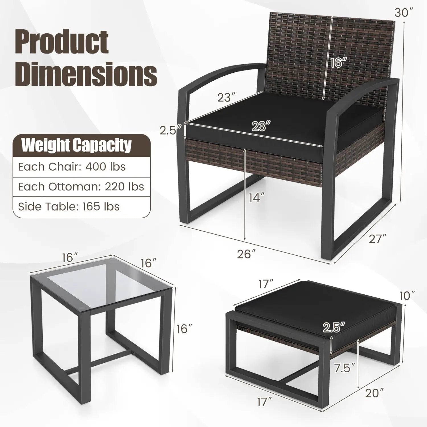 5-Piece Patio Conversation Set with 2 Ottomans and Tempered Glass Side Table by DirectDeals