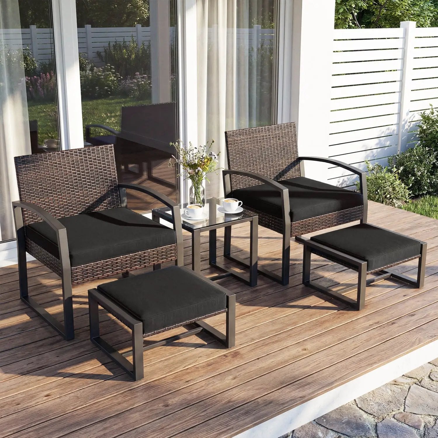 5-Piece Patio Conversation Set with 2 Ottomans and Tempered Glass Side Table by DirectDeals