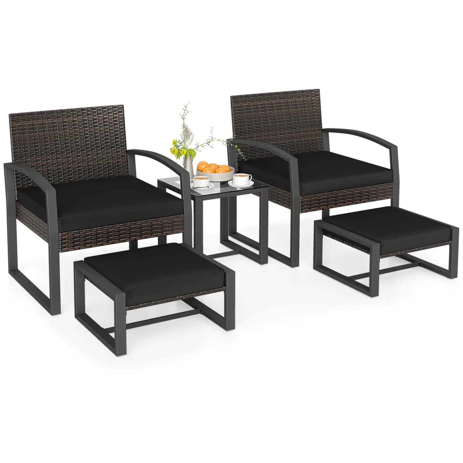 5-Piece Patio Conversation Set with 2 Ottomans and Tempered Glass Side Table by DirectDeals