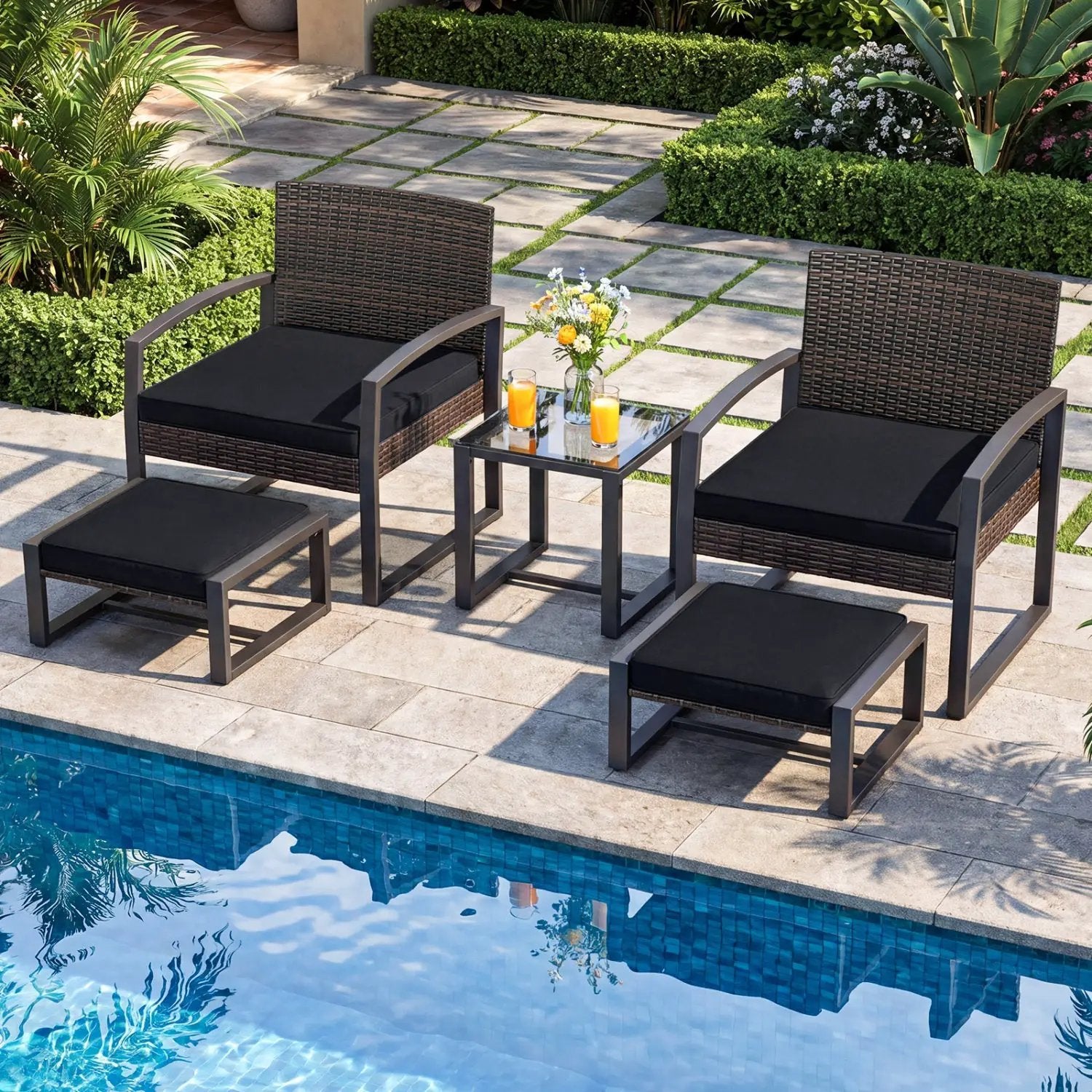 5-Piece Patio Conversation Set with 2 Ottomans and Tempered Glass Side Table by DirectDeals