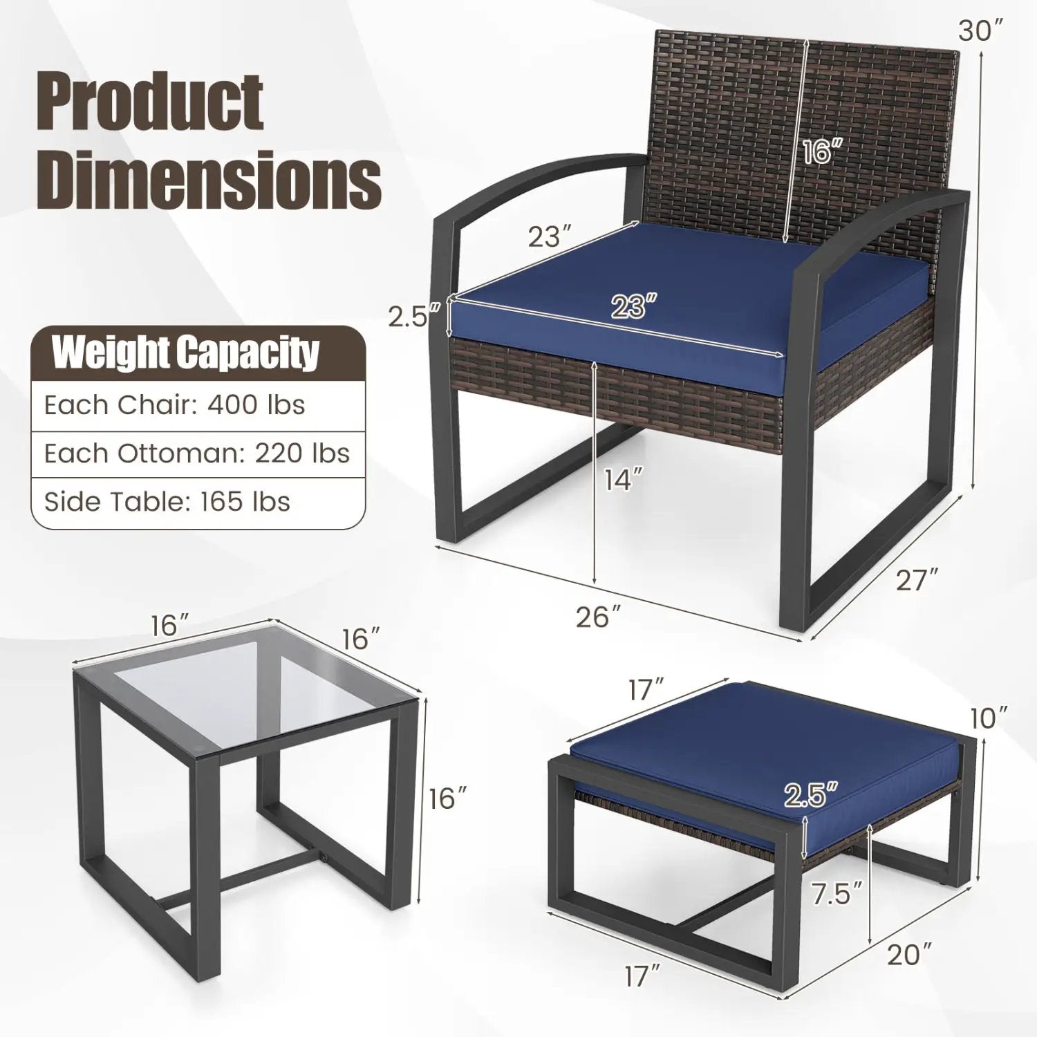 5-Piece Patio Conversation Set with 2 Ottomans and Tempered Glass Side Table by DirectDeals