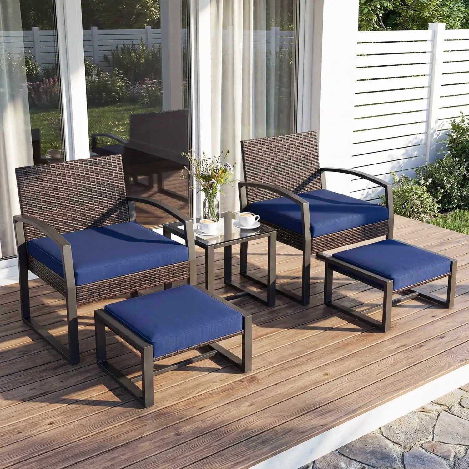 5-Piece Patio Conversation Set with 2 Ottomans and Tempered Glass Side Table by DirectDeals