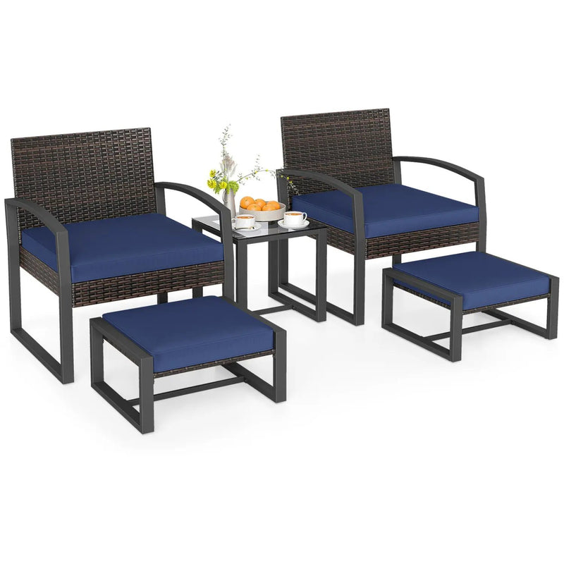 5-Piece Patio Conversation Set with 2 Ottomans and Tempered Glass Side Table by DirectDeals