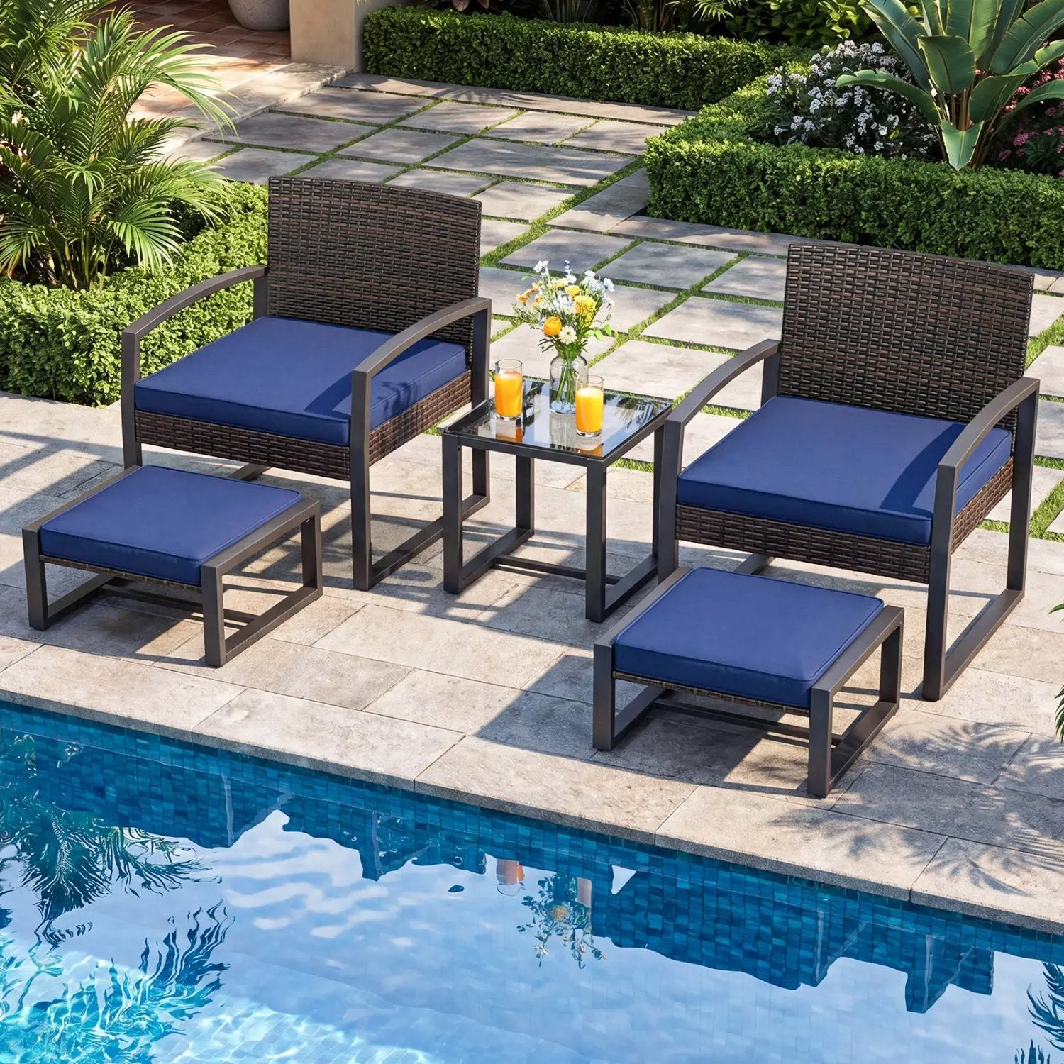 5-Piece Patio Conversation Set with 2 Ottomans and Tempered Glass Side Table by DirectDeals