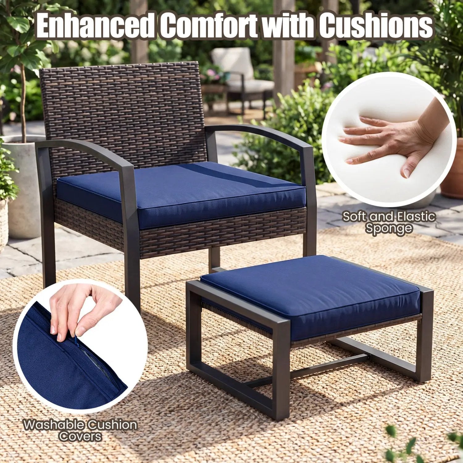 5-Piece Patio Conversation Set with 2 Ottomans and Tempered Glass Side Table by DirectDeals