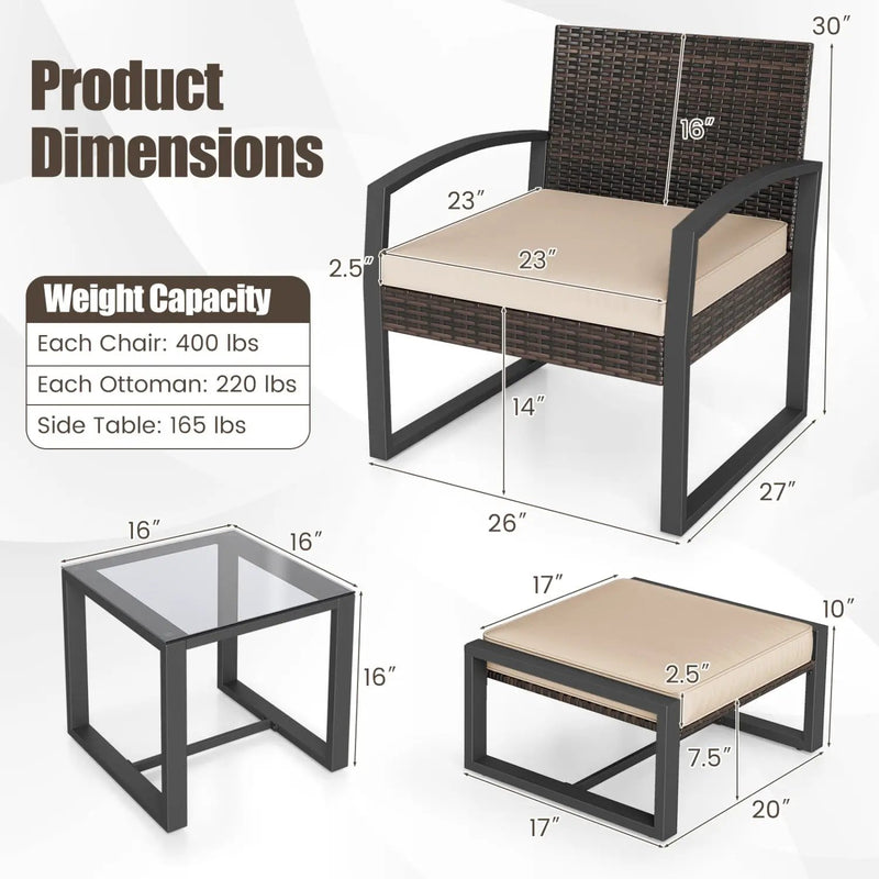 5-Piece Patio Conversation Set with 2 Ottomans and Tempered Glass Side Table by DirectDeals