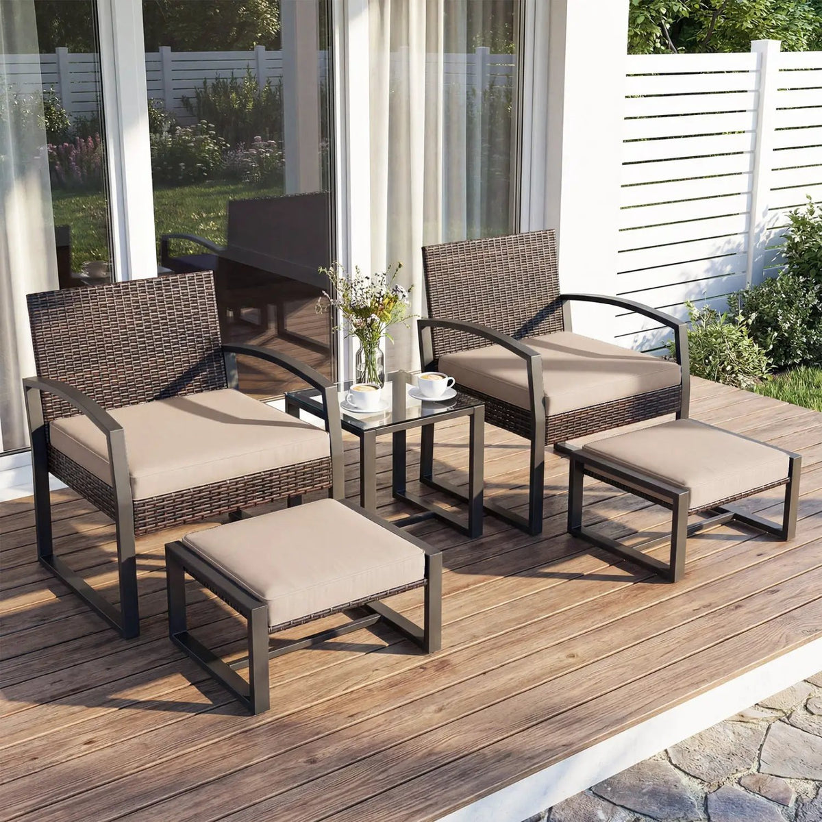 5-Piece Patio Conversation Set with 2 Ottomans and Tempered Glass Side Table, photo 4 of 24