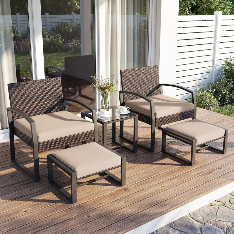 5-Piece Patio Conversation Set with 2 Ottomans and Tempered Glass Side Table by DirectDeals