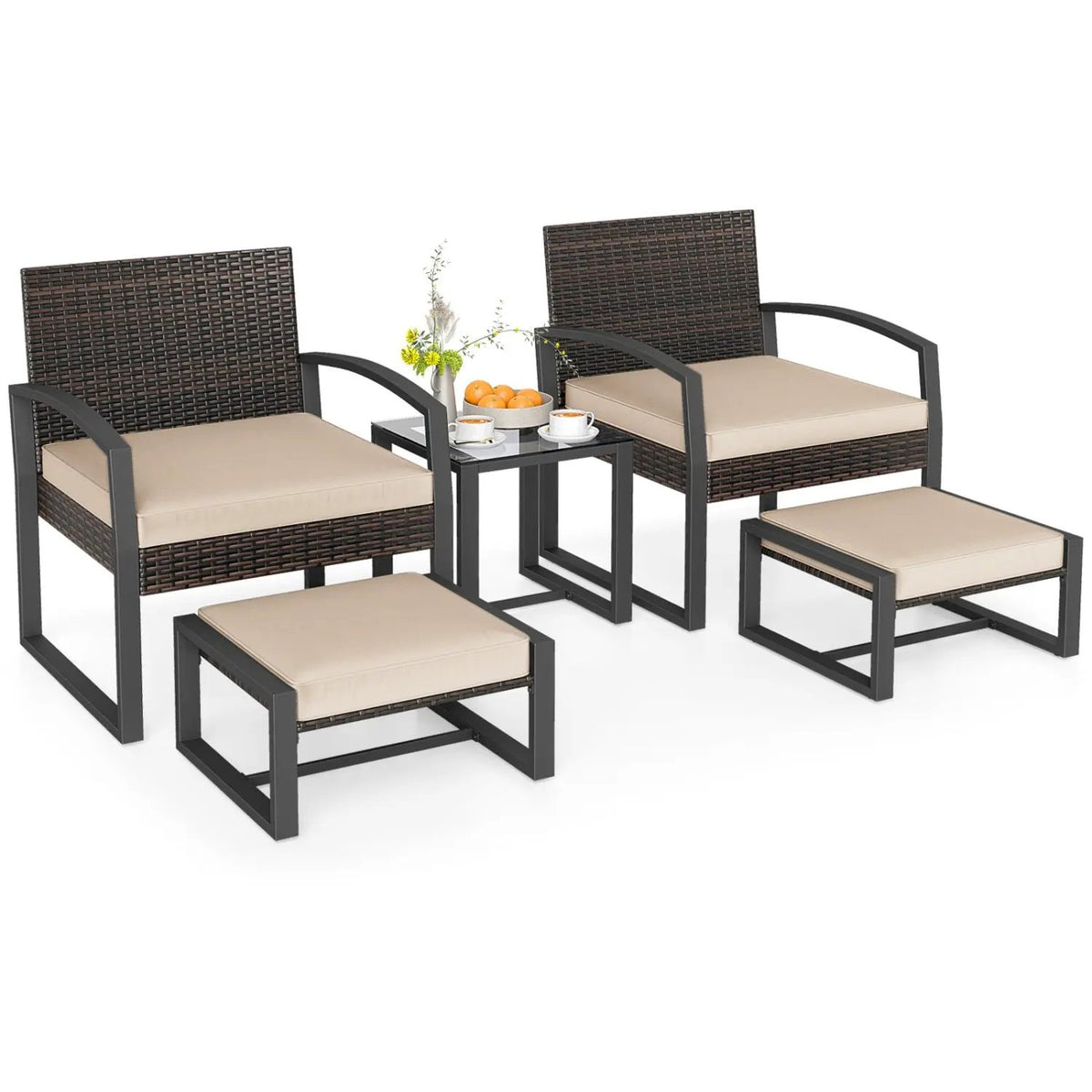 5-Piece Patio Conversation Set with 2 Ottomans and Tempered Glass Side Table