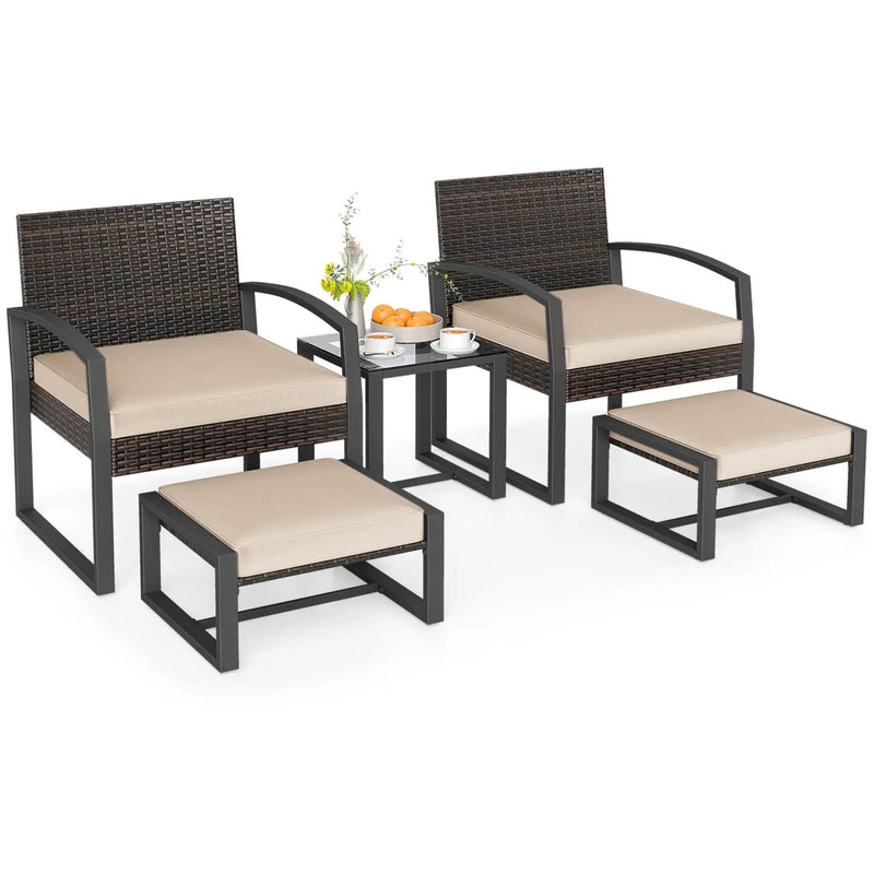 5-Piece Patio Conversation Set with 2 Ottomans and Tempered Glass Side Table by DirectDeals