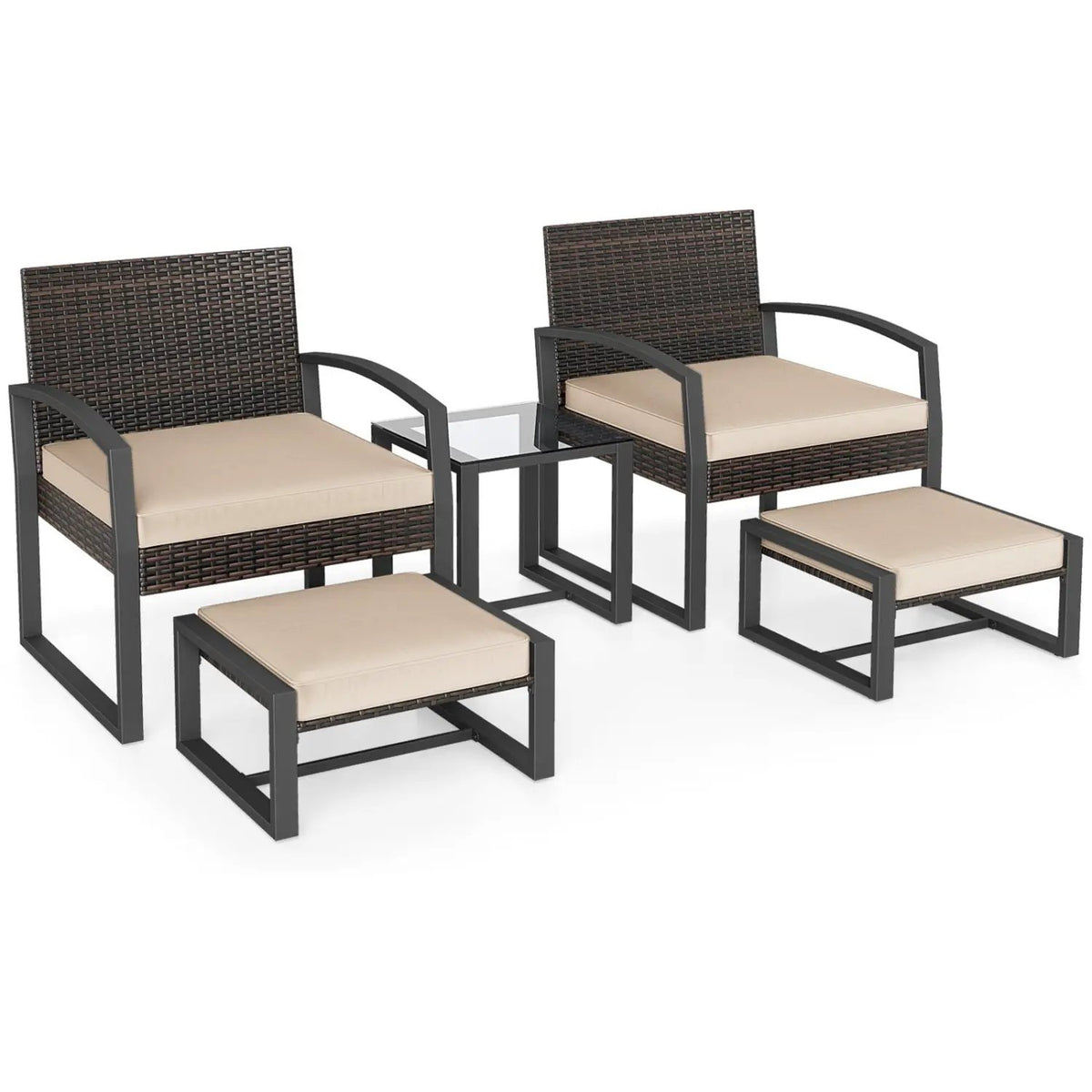 5-Piece Patio Conversation Set with 2 Ottomans and Tempered Glass Side Table, photo 5 of 24