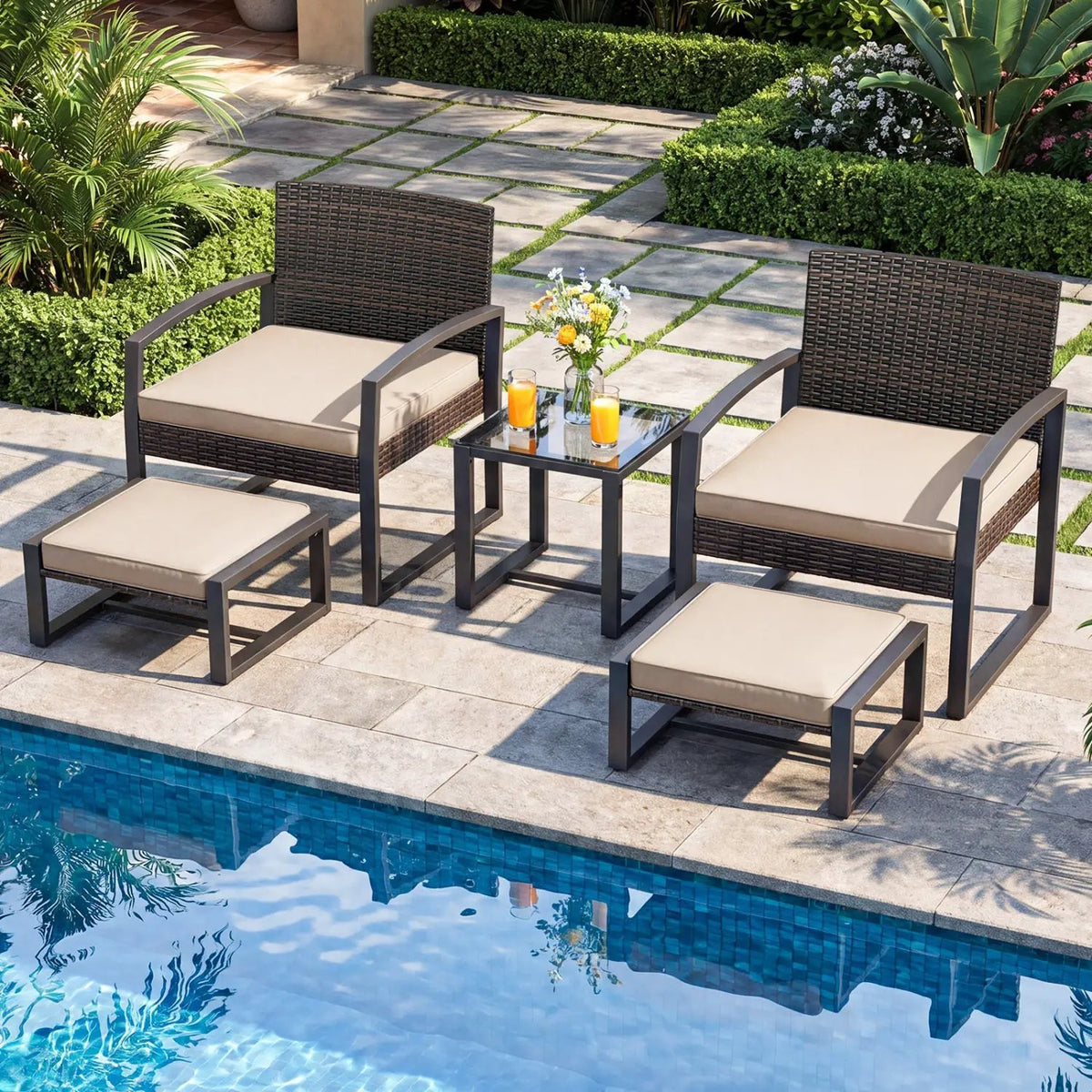 5-Piece Patio Conversation Set with 2 Ottomans and Tempered Glass Side Table, photo 7 of 24