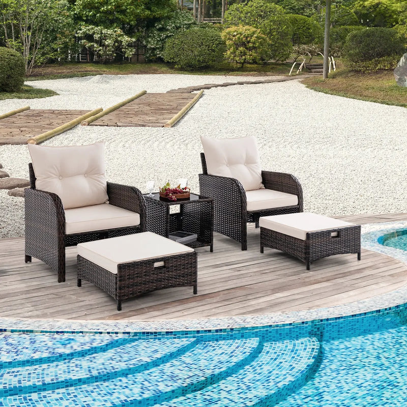 5 Piece Patio Conversation Set Outdoor Rattan Sofa Set with Coffee Table-Beige by DirectDeals