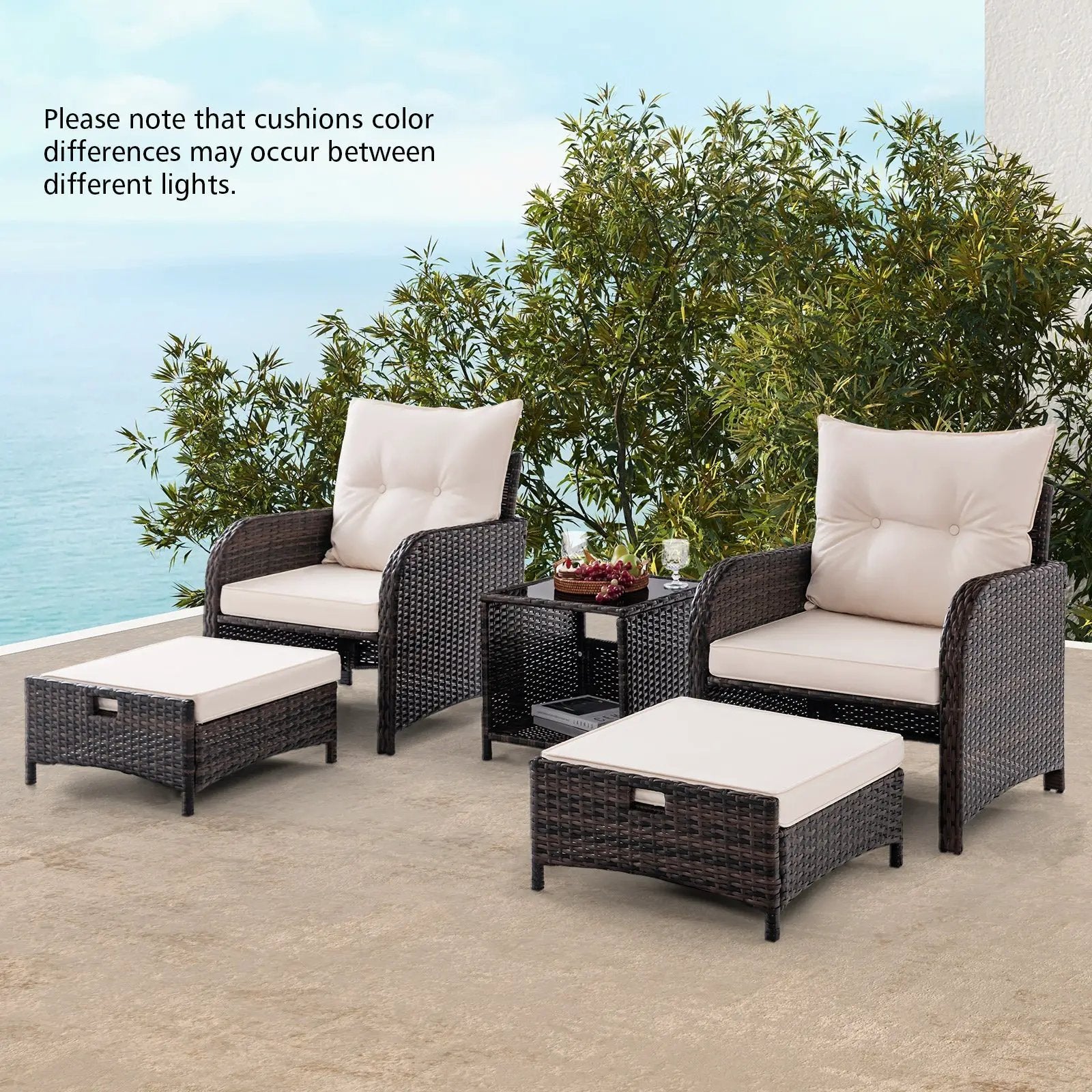 5 Piece Patio Conversation Set Outdoor Rattan Sofa Set with Coffee Table-Beige by DirectDeals