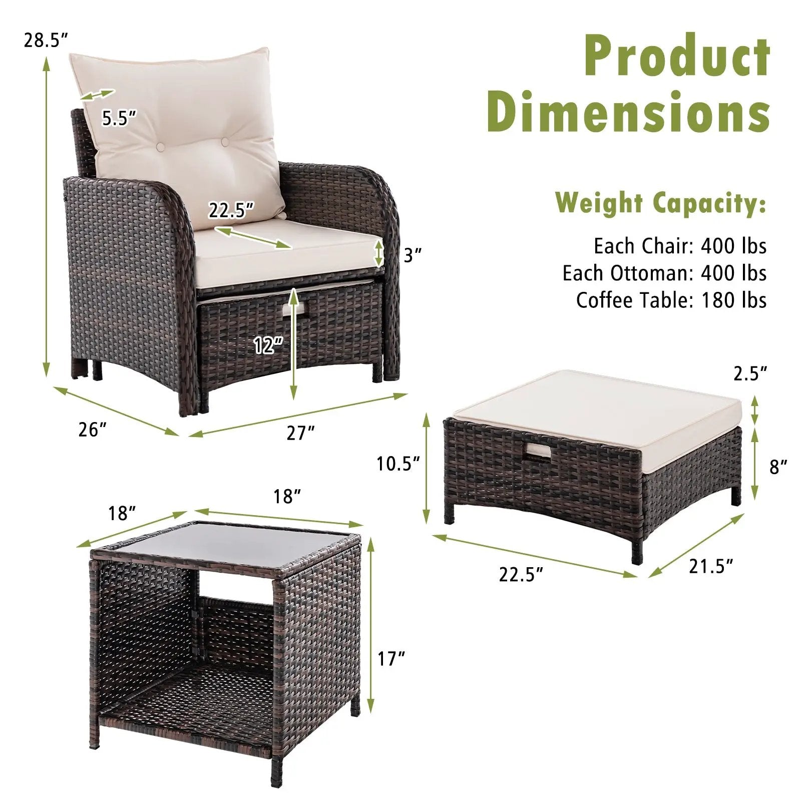5 Piece Patio Conversation Set Outdoor Rattan Sofa Set with Coffee Table-Beige by DirectDeals