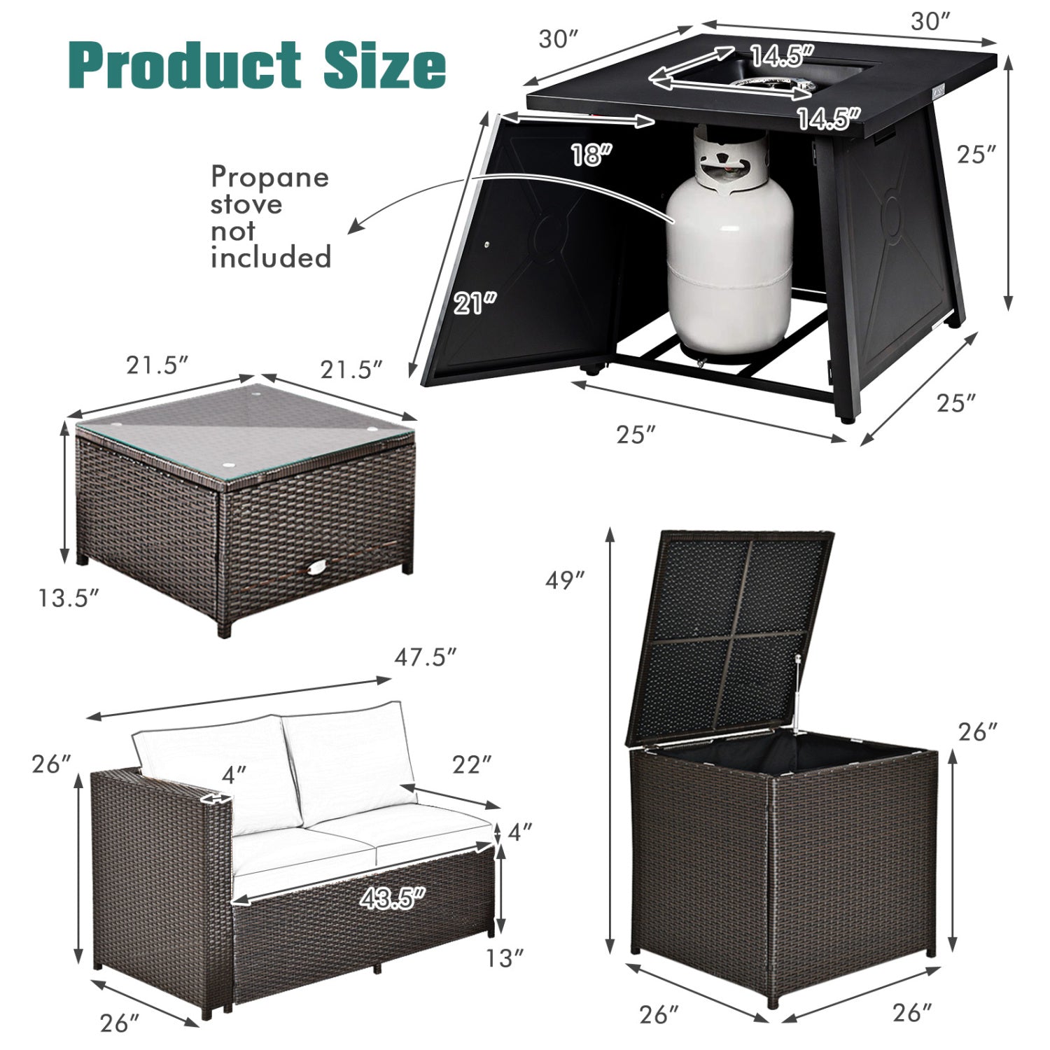 5 Piece Patio Furniture Set with 50000 BTU Propane Fire Pit Table by DirectDeals