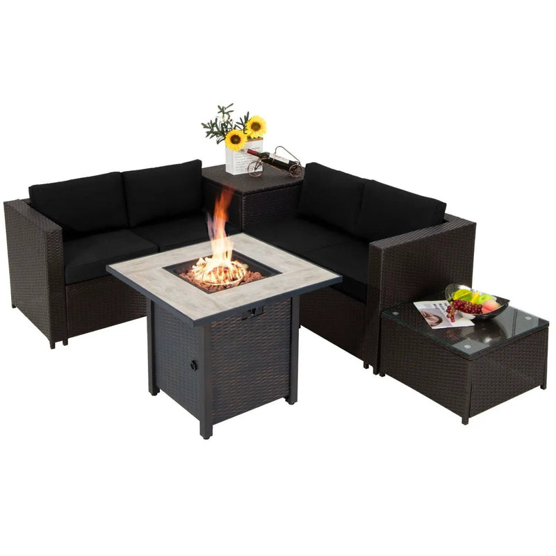 5-Piece Patio Furniture Set with 30 Inches Gas Fire Pit Table Outdoor PE Wicker Sofa Set by DirectDeals