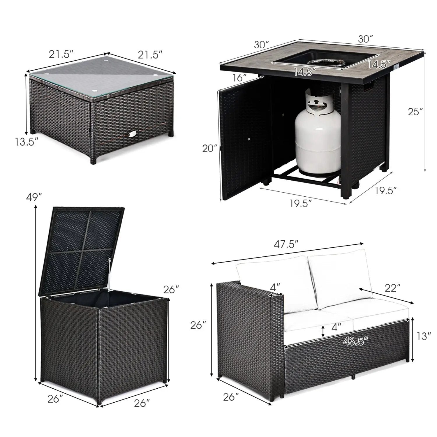 5-Piece Patio Furniture Set with 30 Inches Gas Fire Pit Table Outdoor PE Wicker Sofa Set by DirectDeals