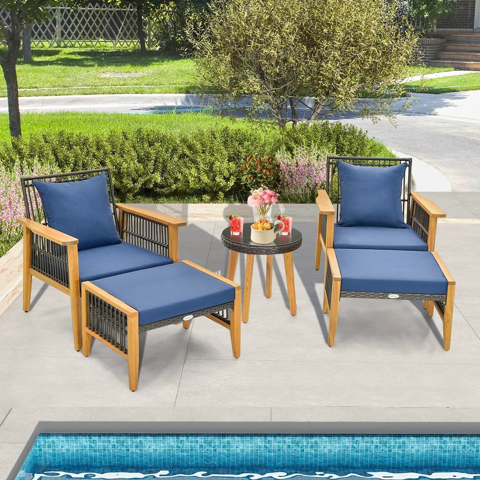 5 Piece Patio Furniture Set with Coffee Table and 2 Ottomans-Navy by DirectDeals