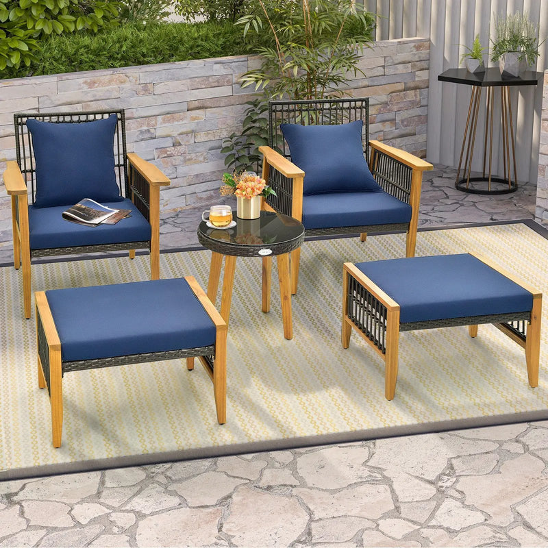 5 Piece Patio Furniture Set with Coffee Table and 2 Ottomans-Navy by DirectDeals