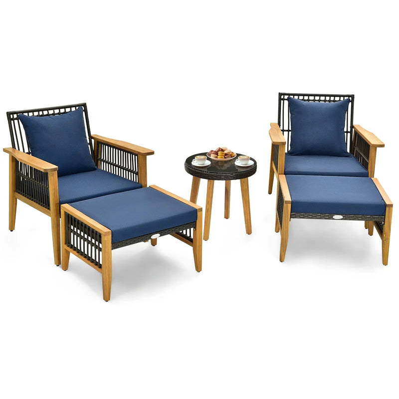 5 Piece Patio Furniture Set with Coffee Table and 2 Ottomans-Navy by DirectDeals