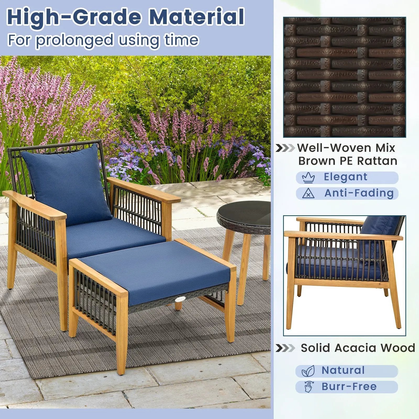 5 Piece Patio Furniture Set with Coffee Table and 2 Ottomans-Navy by DirectDeals