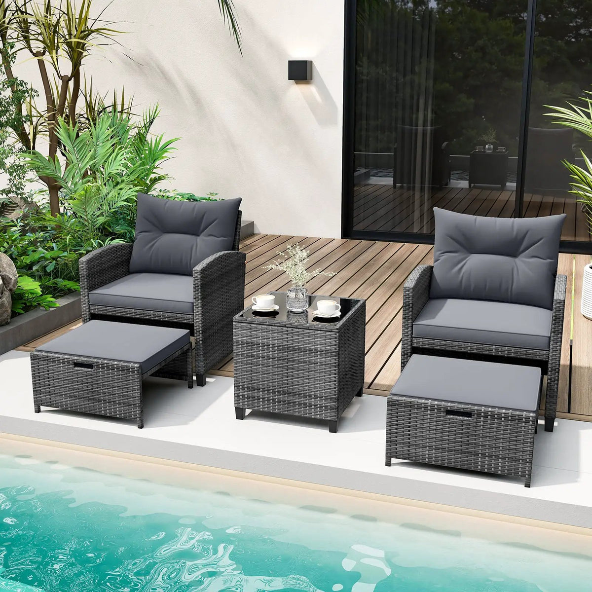 5 Piece Patio Rattan Furniture with 2 Ottomans and Tempered Glass Coffee Table, photo 36 of 50