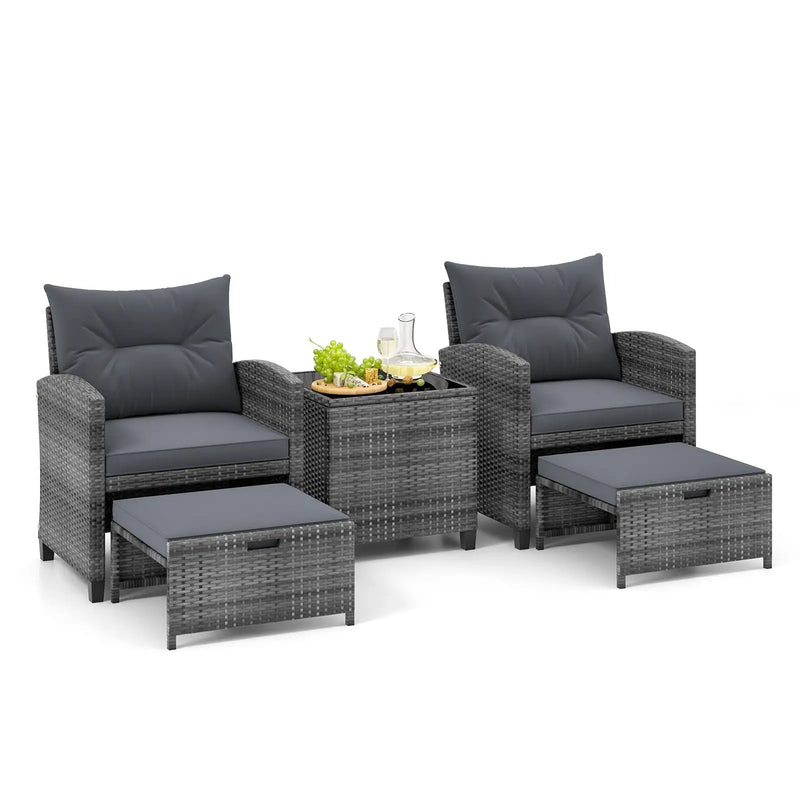 5 Piece Patio Rattan Furniture with 2 Ottomans and Tempered Glass Coffee Table by DirectDeals