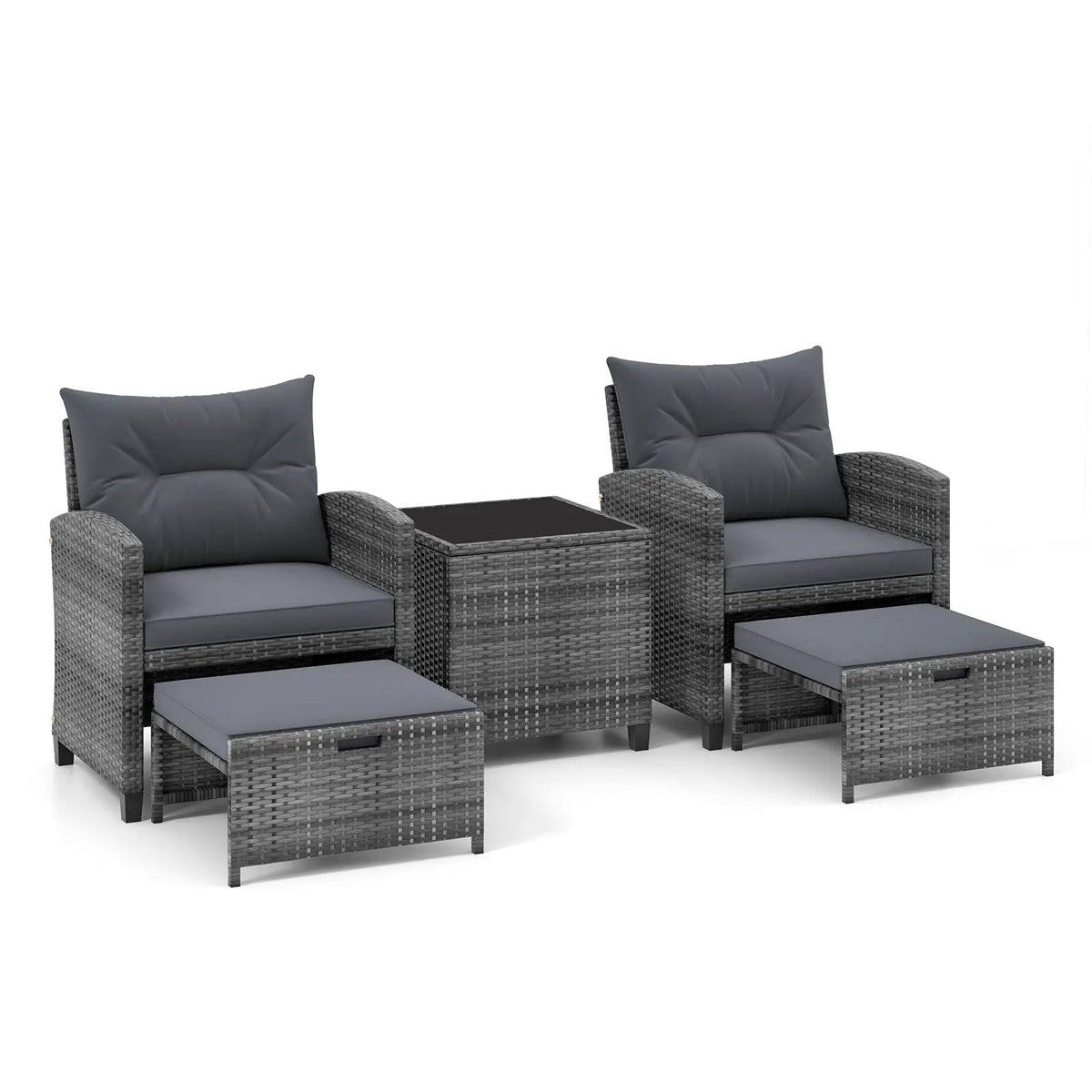 5 Piece Patio Rattan Furniture with 2 Ottomans and Tempered Glass Coffee Table, photo 37 of 50