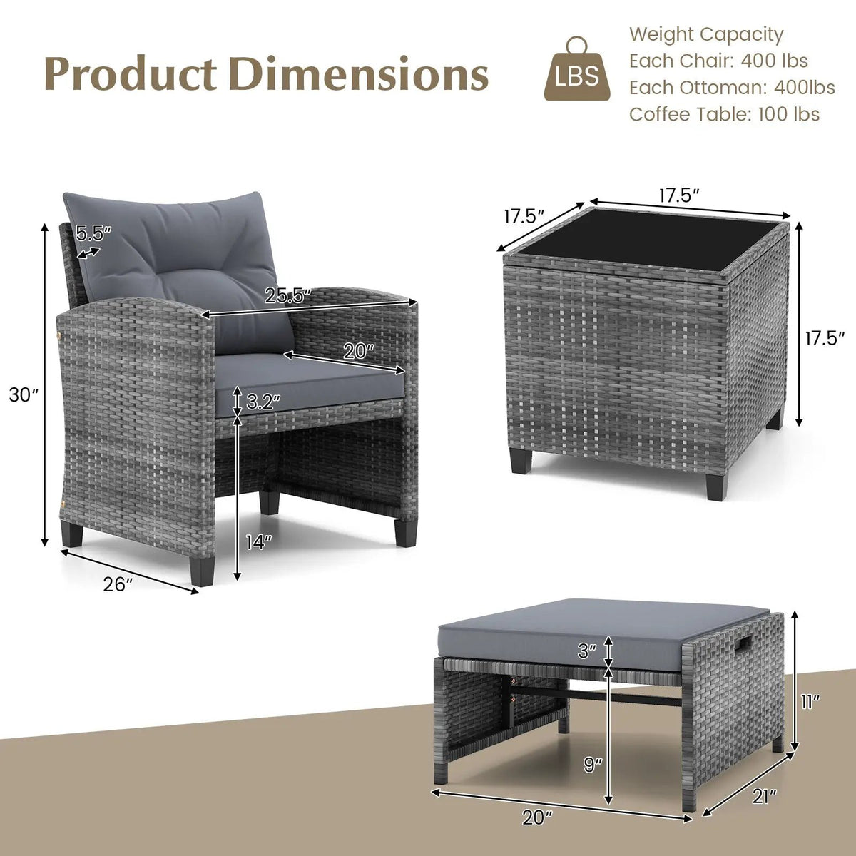 5 Piece Patio Rattan Furniture with 2 Ottomans and Tempered Glass Coffee Table, photo 38 of 50